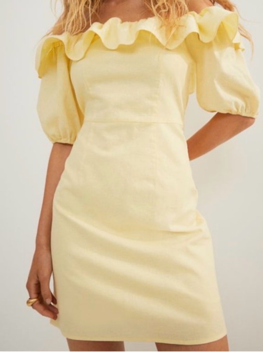 Women’s One-Shoulder Ruffle Mini Dress in Pale Yellow